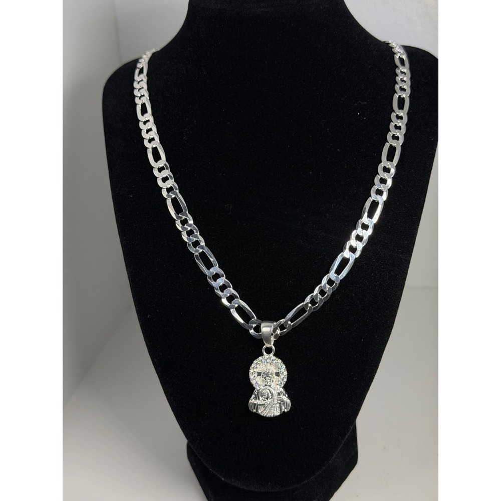 925 Sterling Silver Figaro Chain 22 Inch 7.6mm Jesus Pendant Necklace 34g Italy